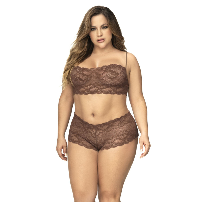 Ensemble 2 pièces en dentelle grande taille top à bretelles et shorty couleur cacao Cacao